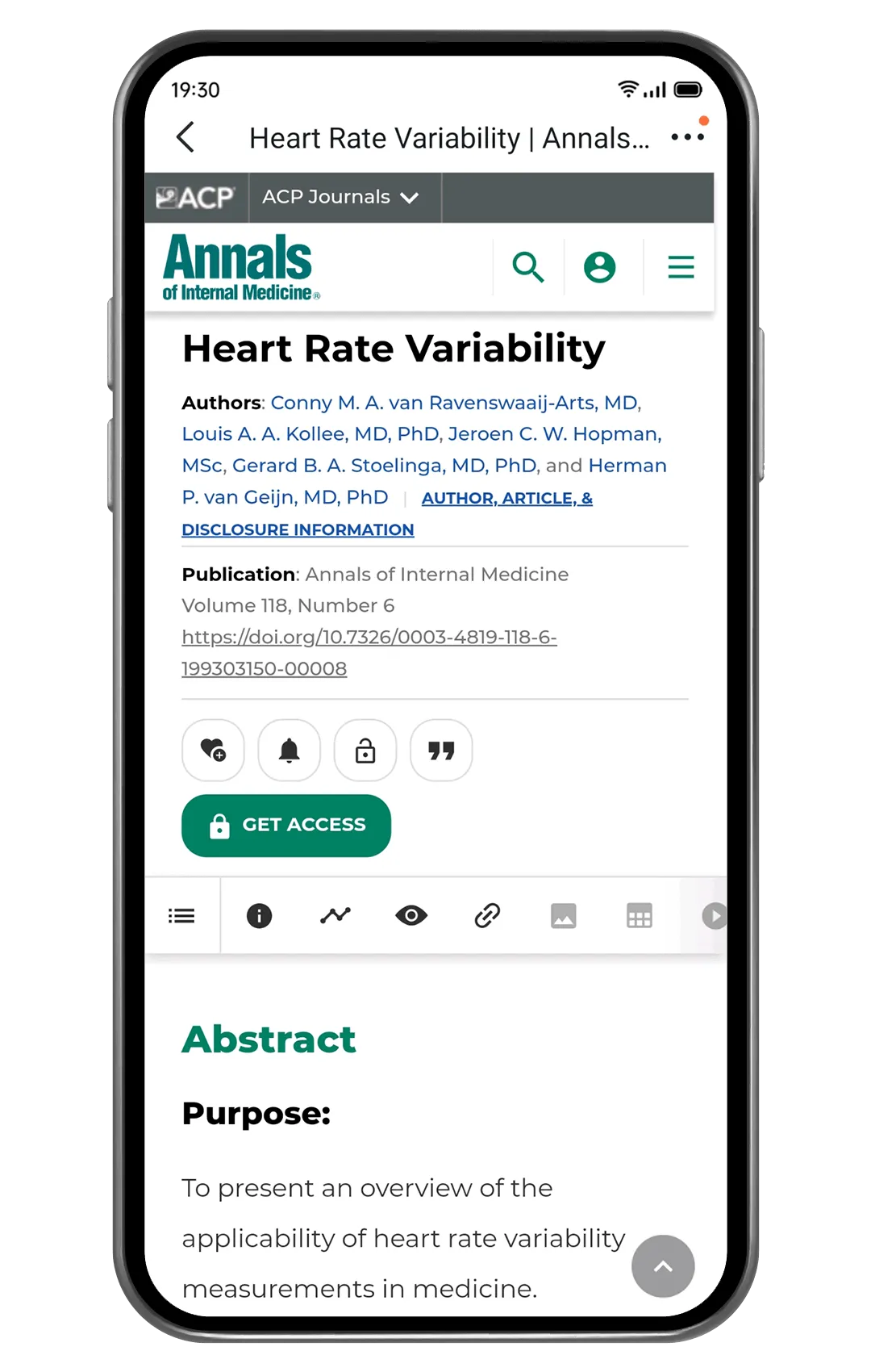 Heart Rate Variability article page from Annals of Internal Medicine.