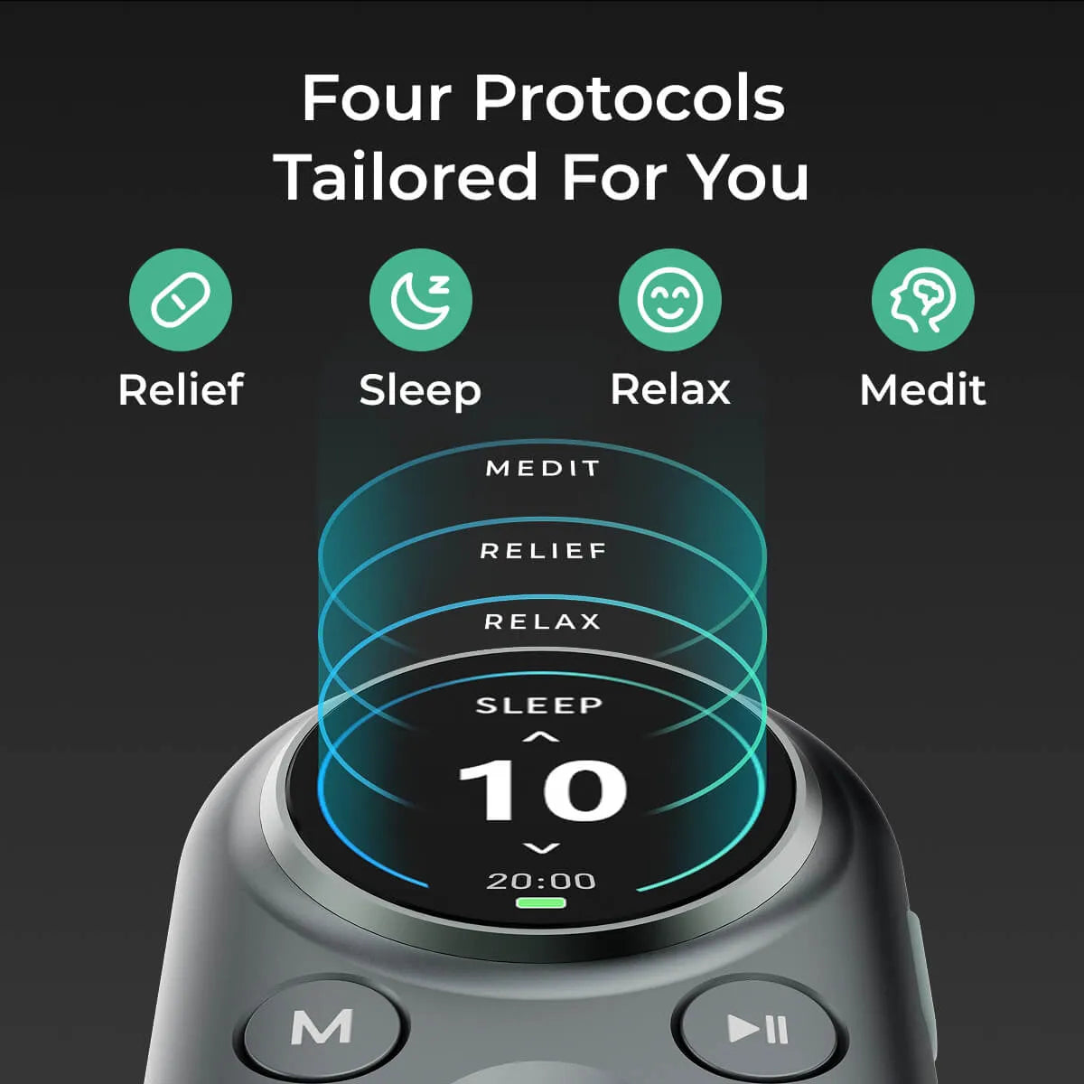 ZenoWell wearable neurotech with four personalized modes—Sleep, Relax, Relief, and Medit—designed to gently support calm, balance, and better sleep in everyday life