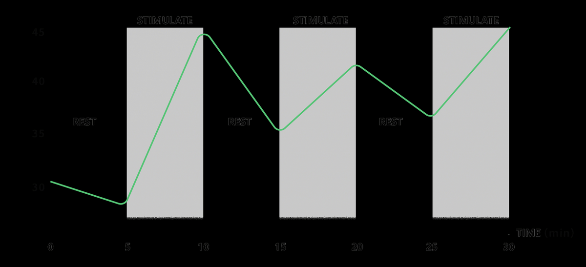 Graph showing alternating stimulate and rest phases with data changes over time.