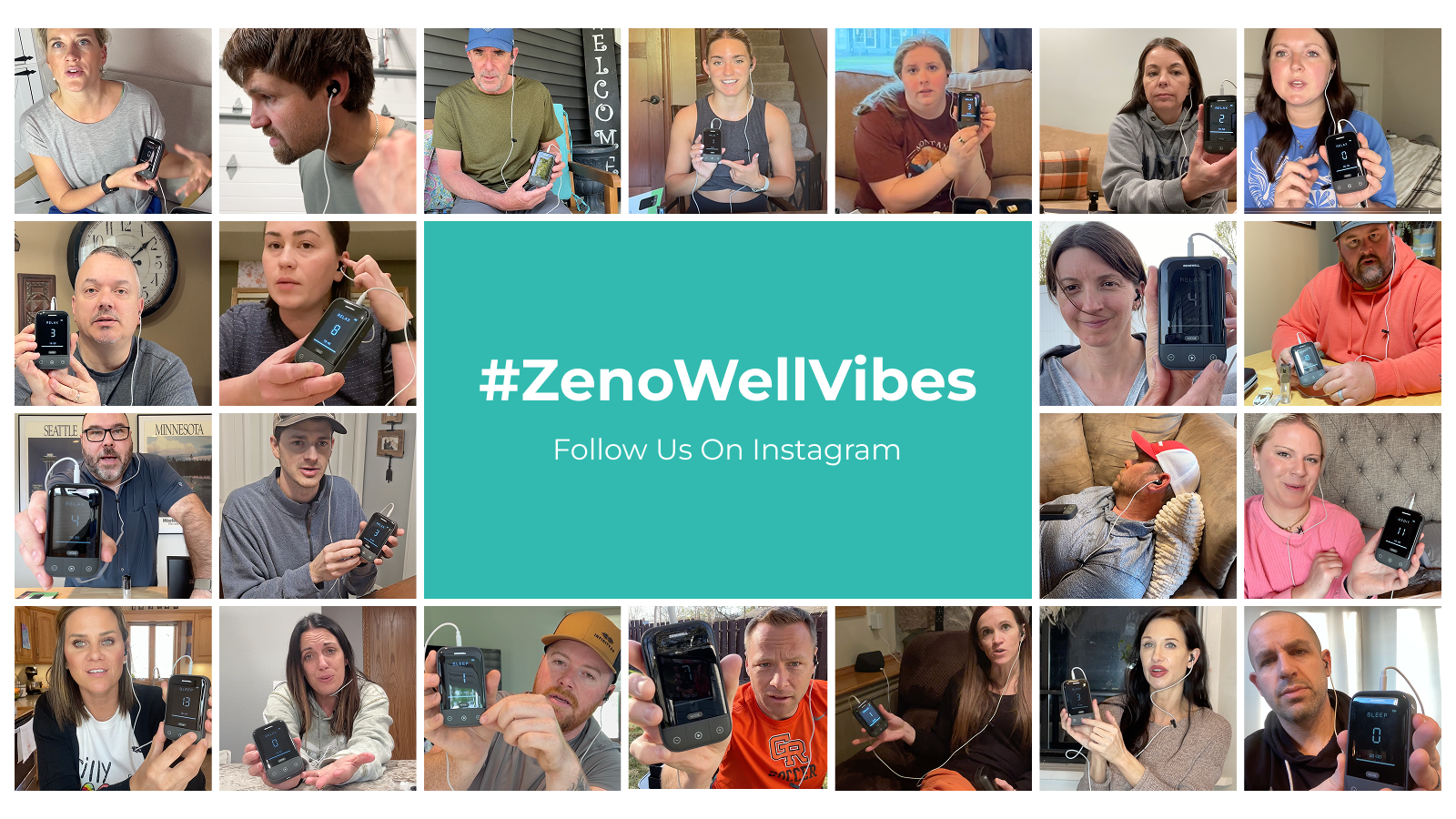 A collage of happy customers sharing their experiences with ZenoWell, holding vagus nerve stimulation devices and showcasing results.
