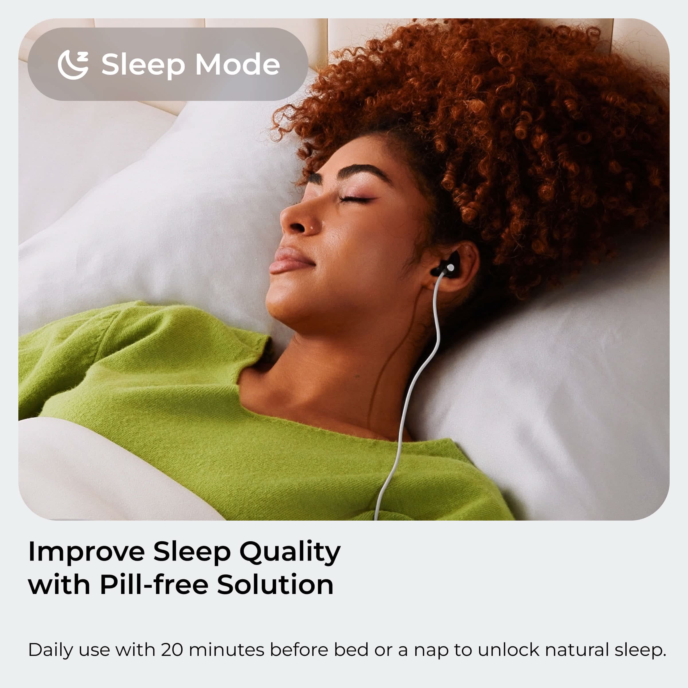A woman resting in bed while using the ZenoWell wearable device in Sleep Mode, supporting calm relaxation and better sleep as part of a pill-free nightly routine